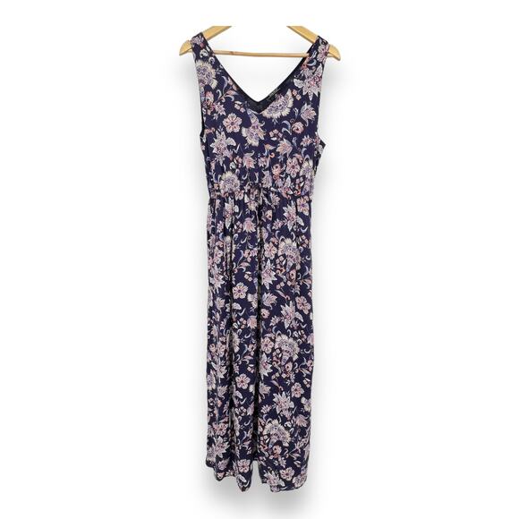 Lucky Brand Maxi Dress Women's M Blue Floral Waist Tie Sleeveless V Neck Travel - Picture 1 of 7